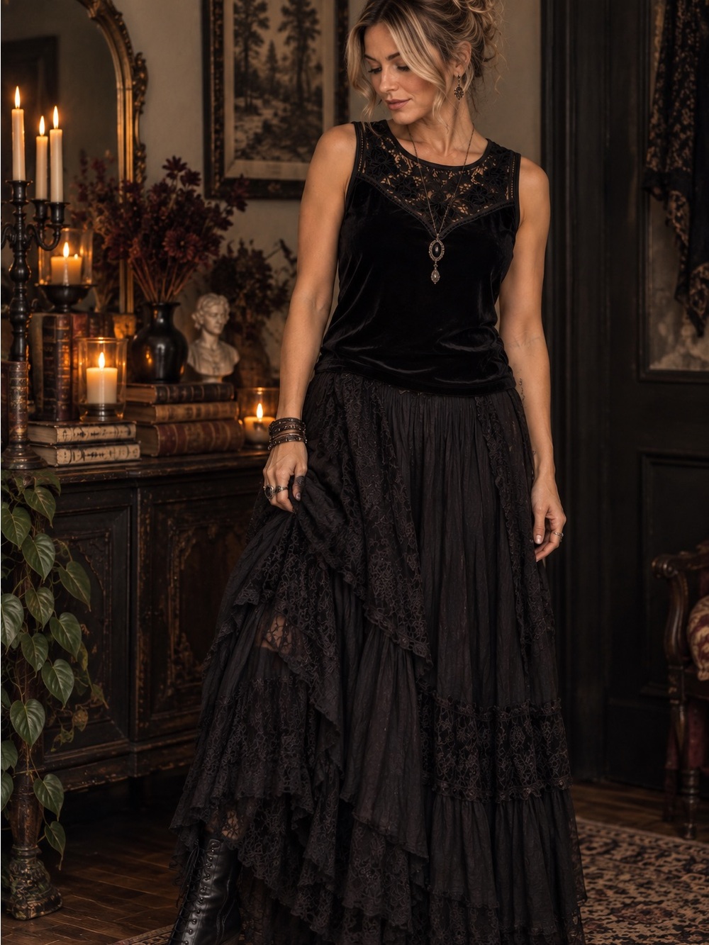 Witchy White House, Black Market Velvet Top M Romantic Goth